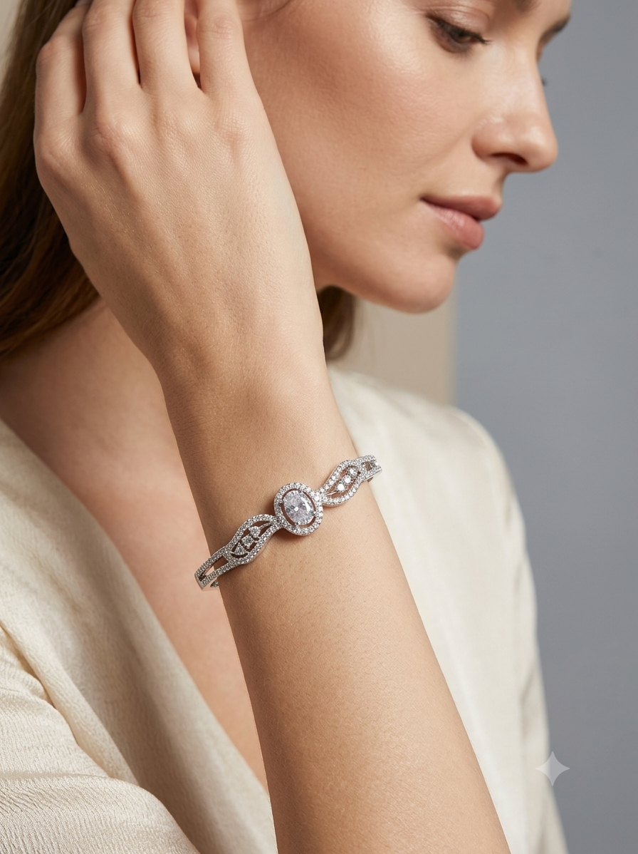 Sparkling Oval Solitaire Silver-Plated Cubic Zirconia Bangle Bracelet | Luxury American Diamond Curved Kada