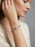 Sparkling Oval Solitaire Silver-Plated Cubic Zirconia Bangle Bracelet | Luxury American Diamond Curved Kada