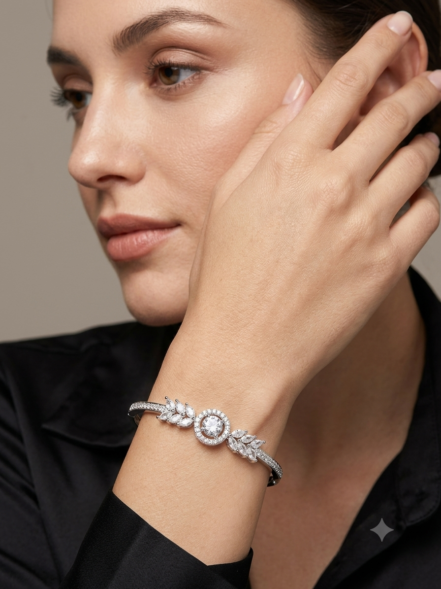 Elegant Solitaire Halo with Marquise Leaf Accent Bangle Bracelet | Rhodium Plated American Diamond Kada
