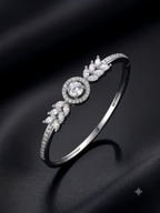 Elegant Solitaire Halo with Marquise Leaf Accent Bangle Bracelet | Rhodium Plated American Diamond Kada