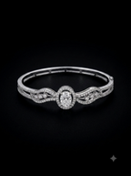 Sparkling Oval Solitaire Silver-Plated Cubic Zirconia Bangle Bracelet | Luxury American Diamond Curved Kada