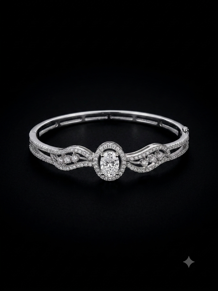 Sparkling Oval Solitaire Silver-Plated Cubic Zirconia Bangle Bracelet | Luxury American Diamond Curved Kada