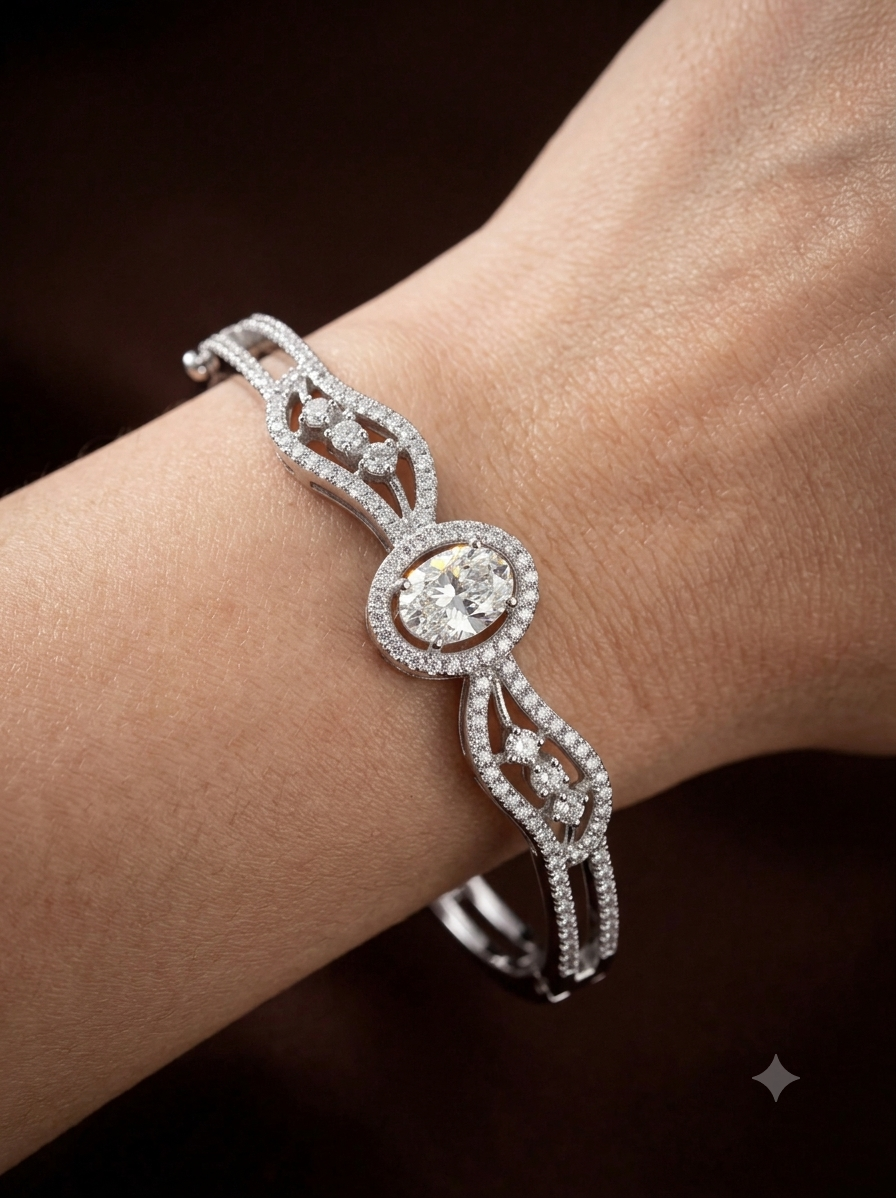 Sparkling Oval Solitaire Silver-Plated Cubic Zirconia Bangle Bracelet | Luxury American Diamond Curved Kada