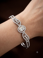 Sparkling Oval Solitaire Silver-Plated Cubic Zirconia Bangle Bracelet | Luxury American Diamond Curved Kada