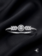 Elegant Solitaire Halo with Marquise Leaf Accent Bangle Bracelet | Rhodium Plated American Diamond Kada