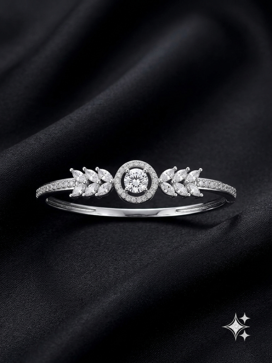 Elegant Solitaire Halo with Marquise Leaf Accent Bangle Bracelet | Rhodium Plated American Diamond Kada
