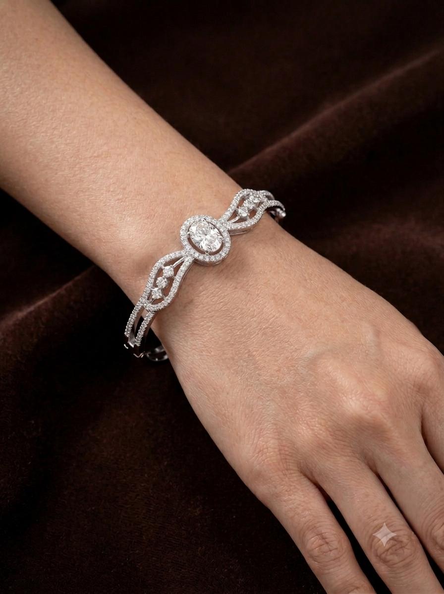 Sparkling Oval Solitaire Silver-Plated Cubic Zirconia Bangle Bracelet | Luxury American Diamond Curved Kada