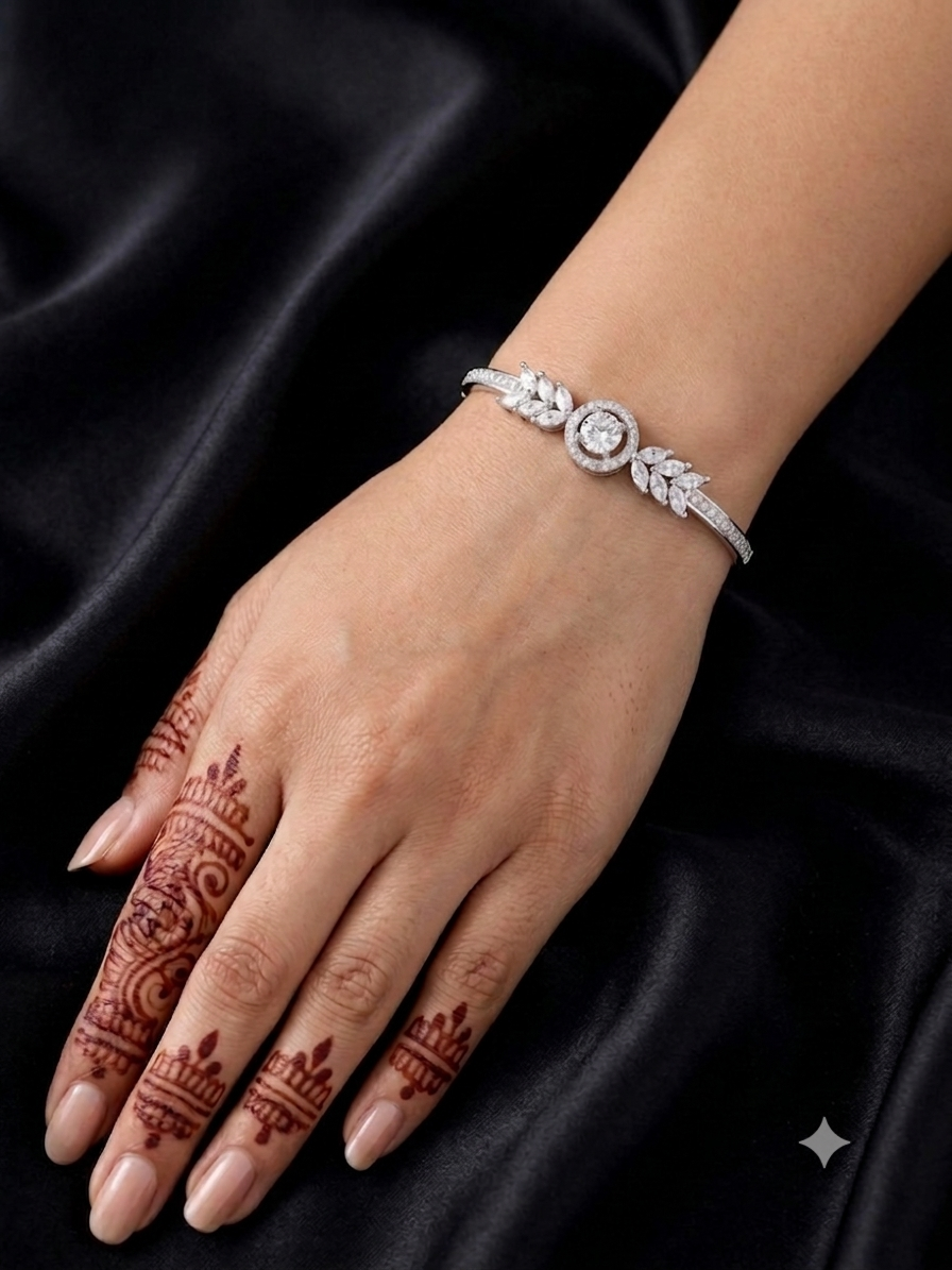 Elegant Solitaire Halo with Marquise Leaf Accent Bangle Bracelet | Rhodium Plated American Diamond Kada