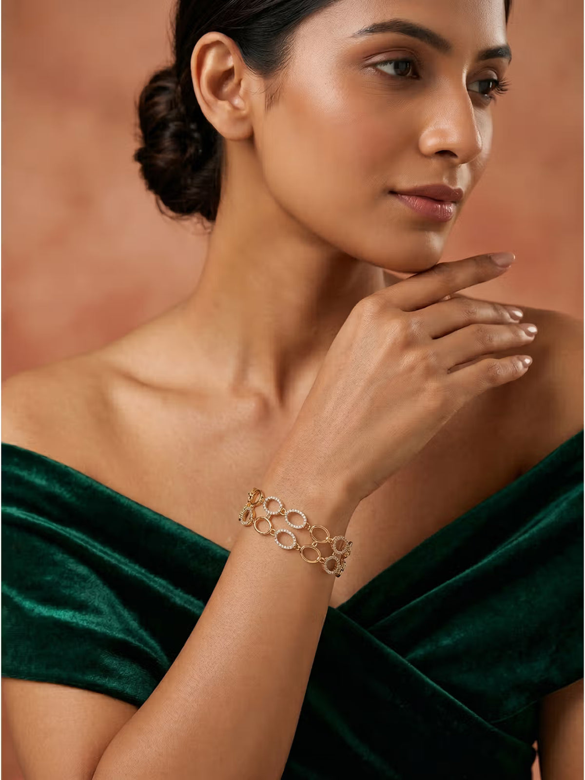 Gold-Toned Pave Oval Link Double-Row Bracelet